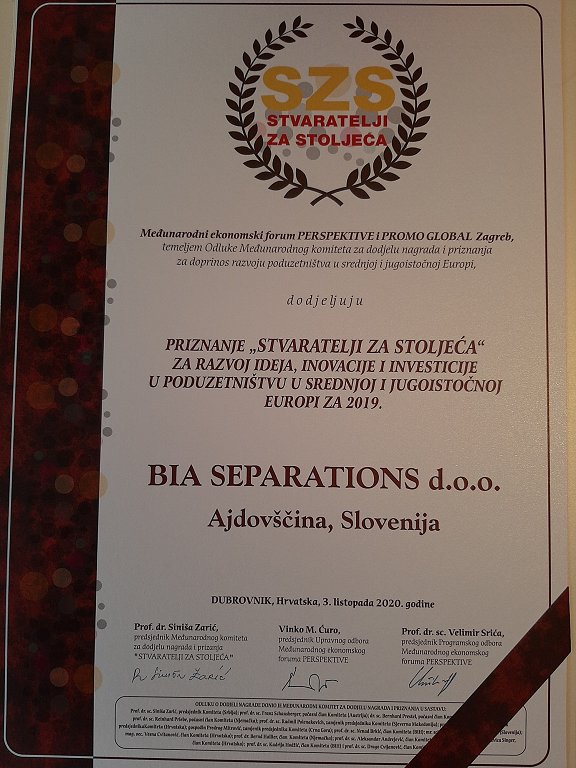 Priznanje za podjetje BIA Separations (foto arhiv BIA Separations)