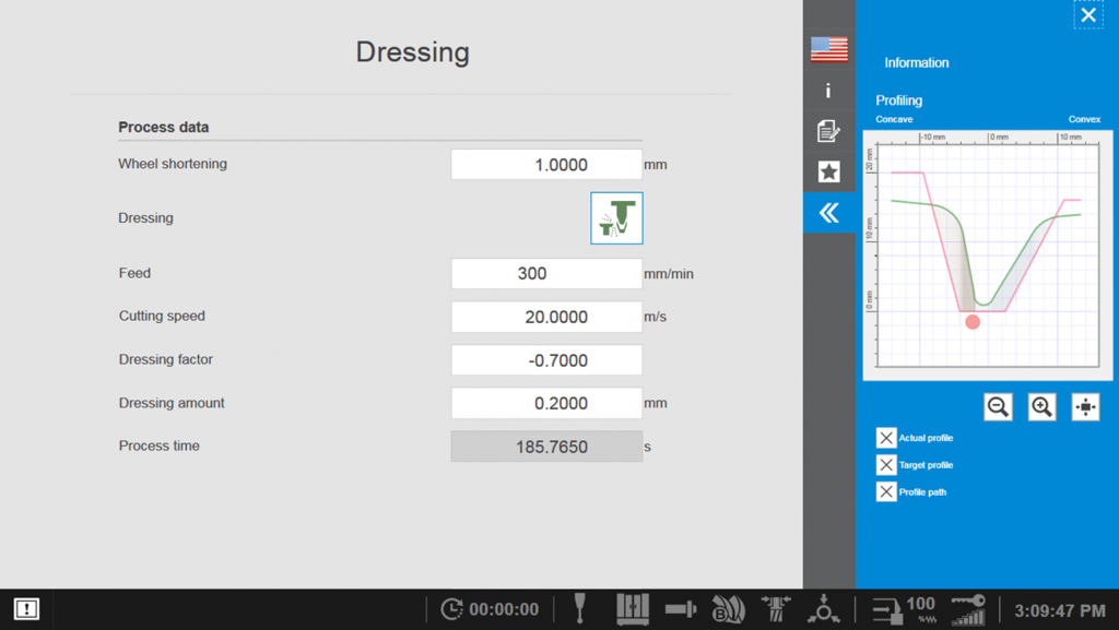 Fig. 1 Dressing parameters and view of dressing roll and target profile of grinding wheel