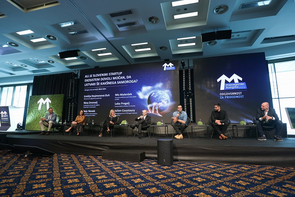 Ali je slovenski startup ekosistem dovolj močan, da ustvari še kakšnega samoroga je naslov okrogle mize, ki je potekala v sklopu Managarskega kongresa 2022 Združenja Manager Foto Andraž Kobe